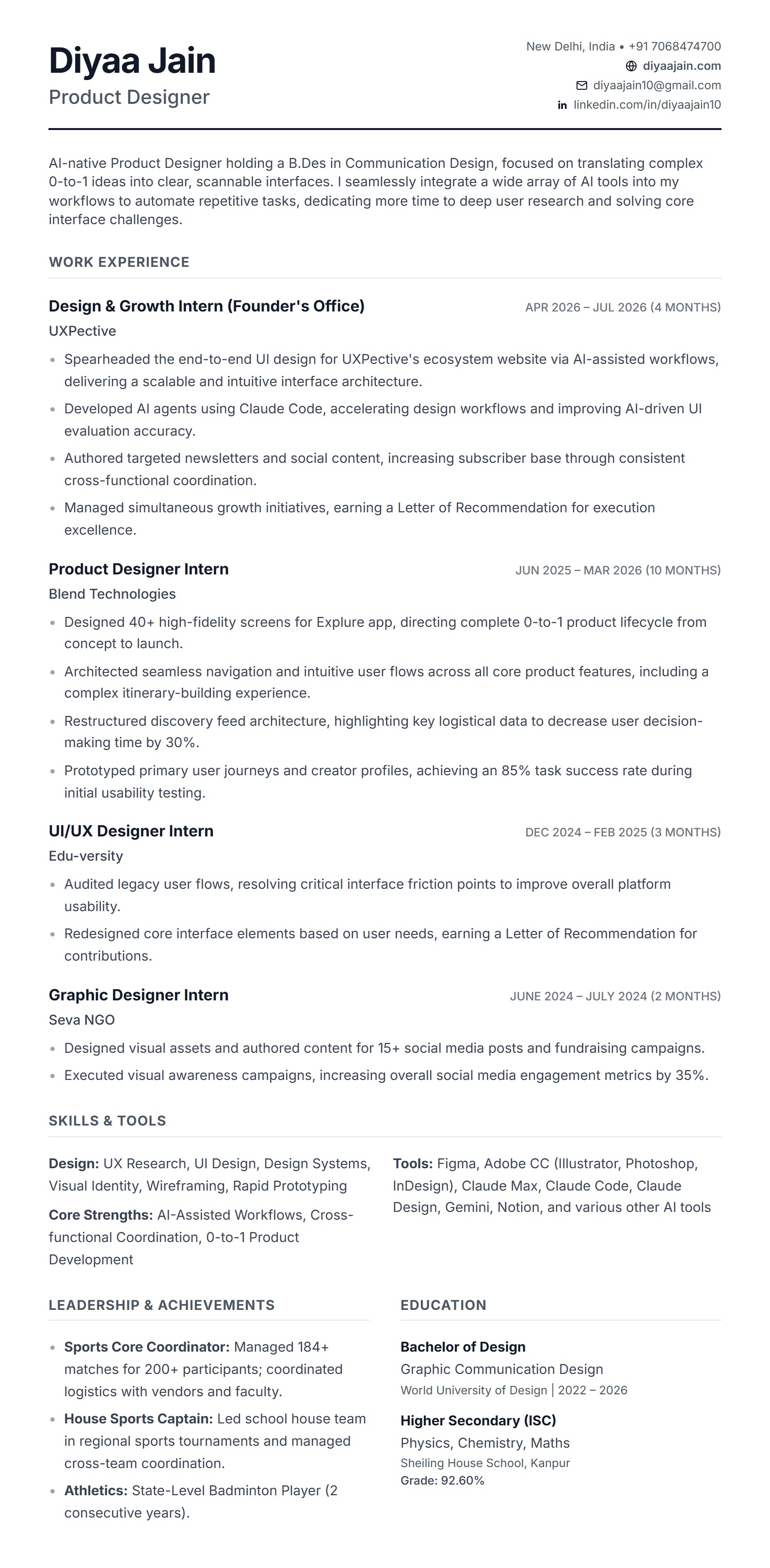 Resume of Diyaa Jain, Product Designer