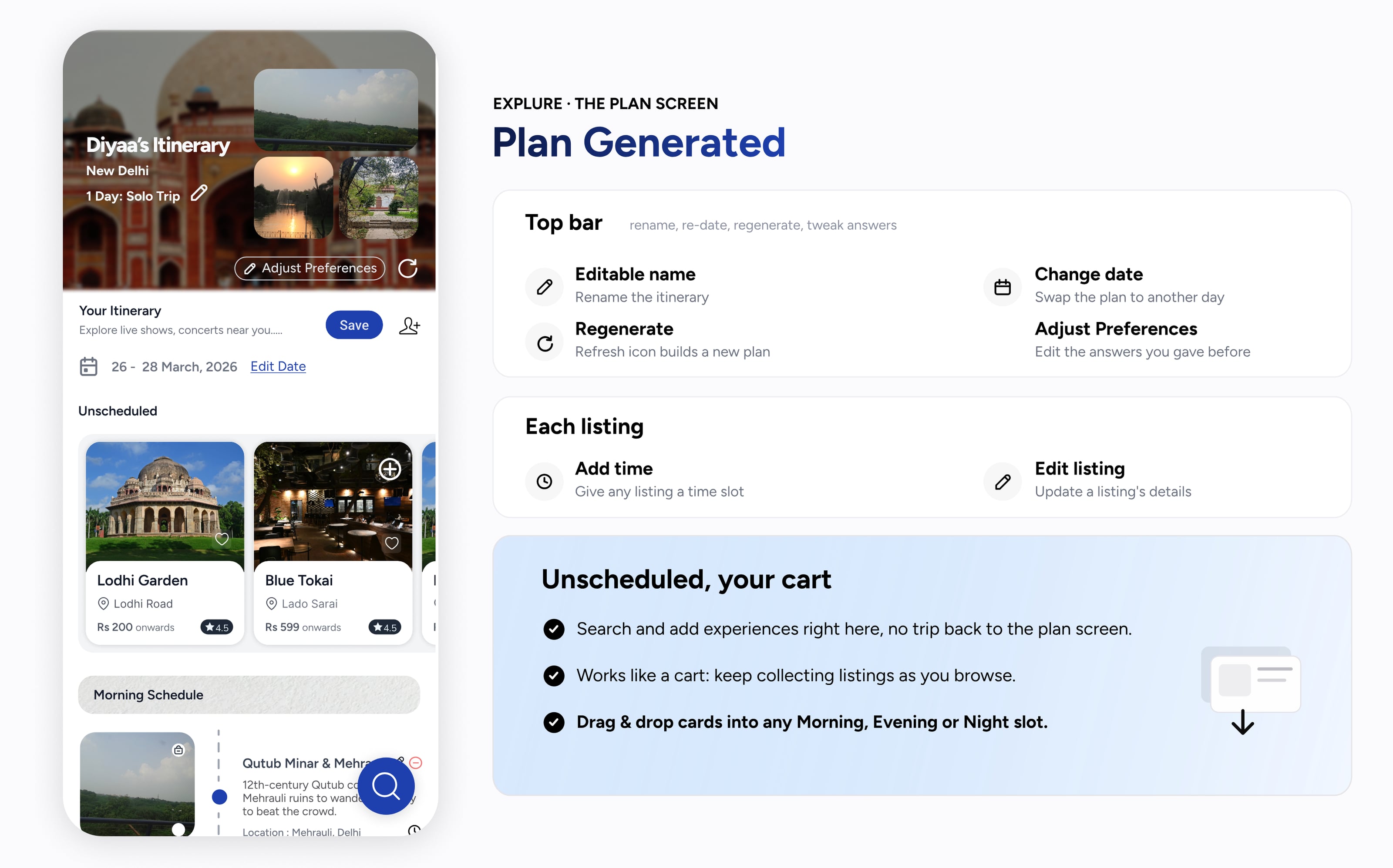 Explure case study — plan screen with the unscheduled cart