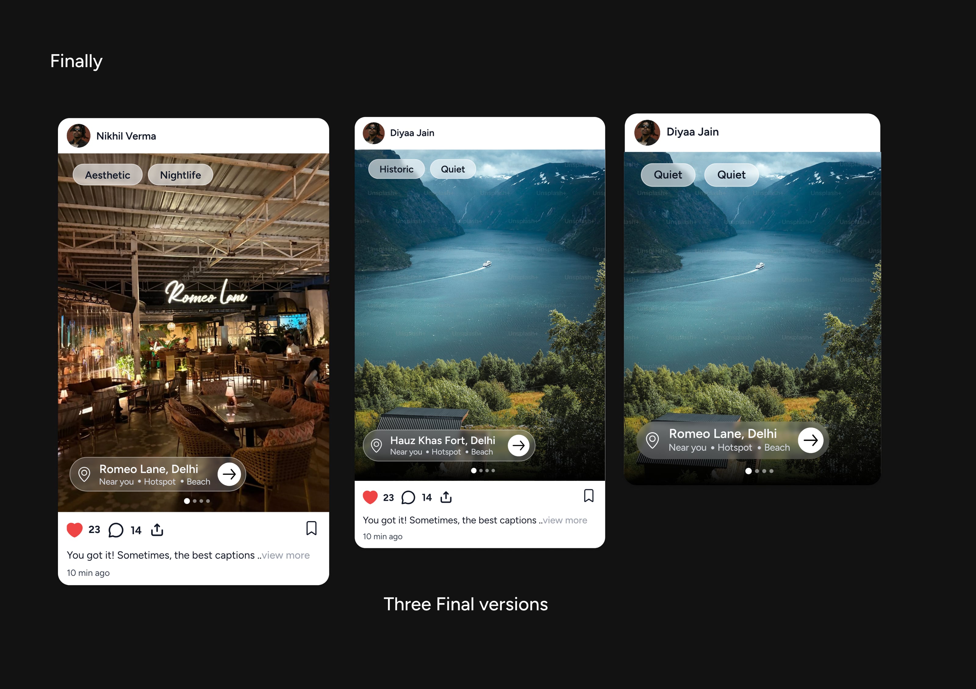 Explure case study — final feed card versions