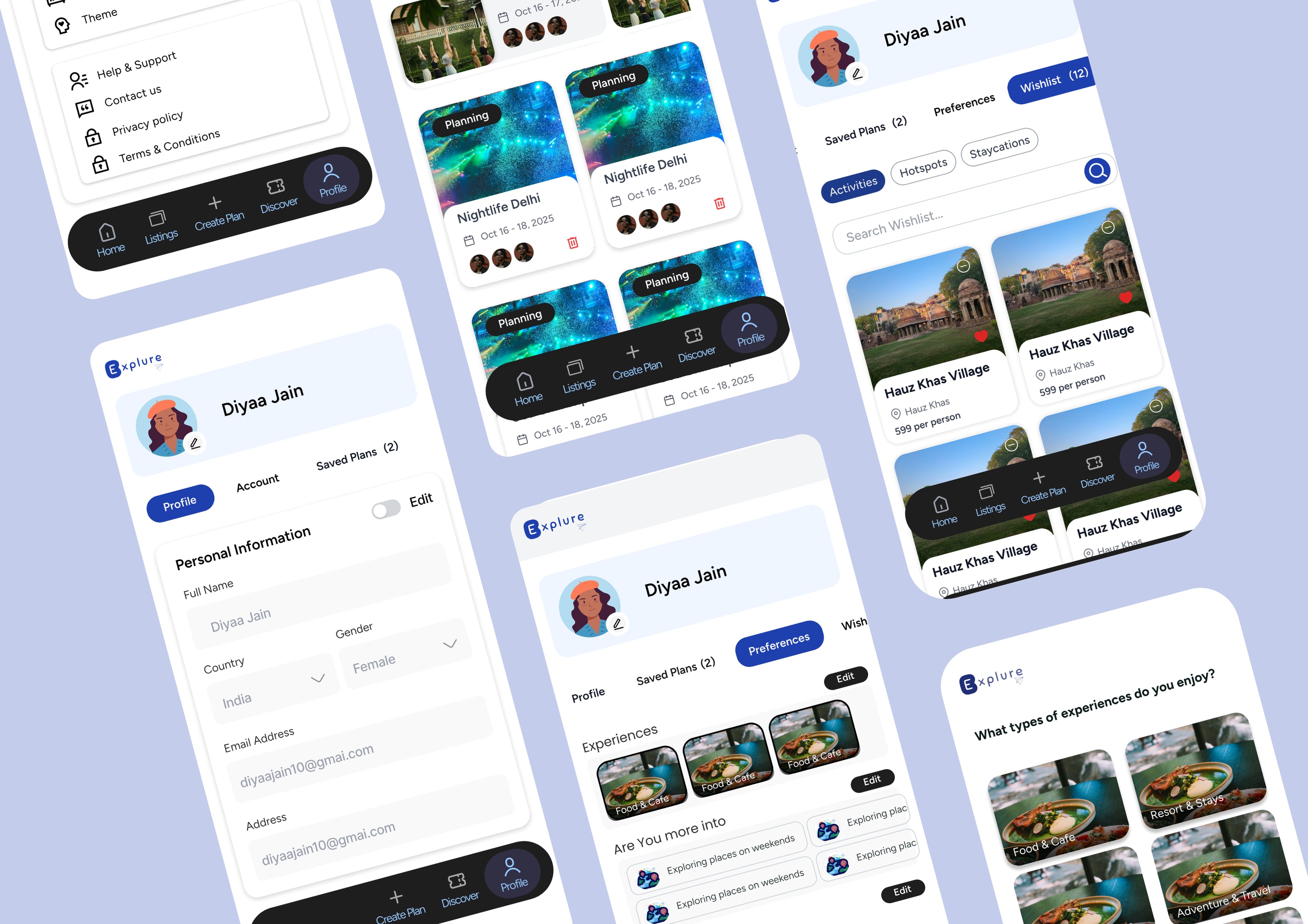 Explure case study — profile screens