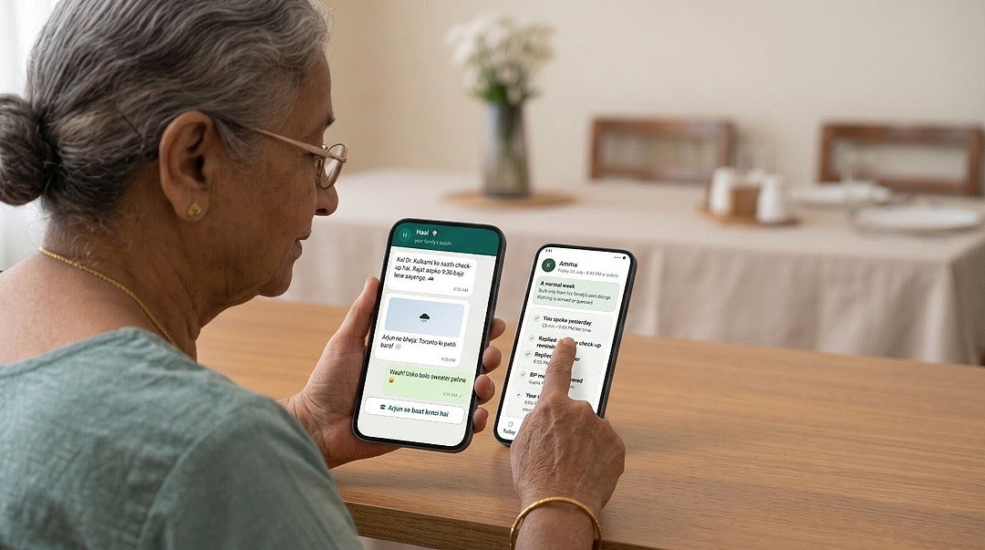 Haal app screens held by a grandmother