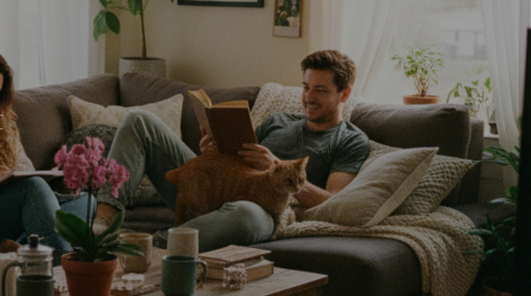 Flatmates reading and relaxing together in a shared living room